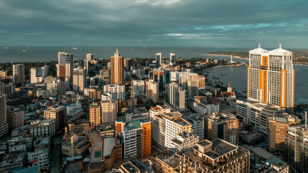 View of Dar es Salaam, Tanzania, showing a vibrant cityscape with tall buildings