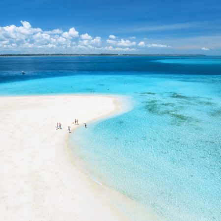 Aerial view of island, sandbank in ocean, sandy beach, blue sea