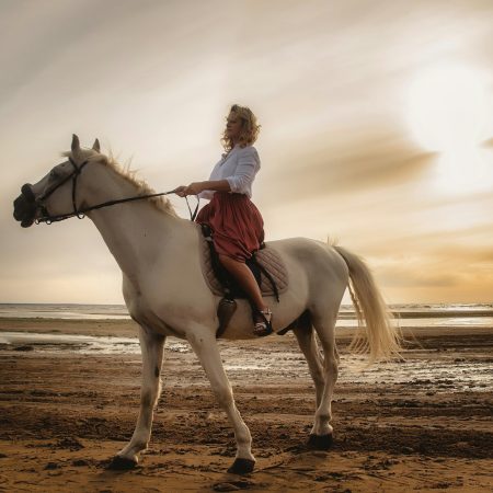 Cute young woman on white horse takes horse ride on sea beach at sunset