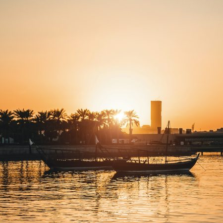 Two Dhows moored off in the Museum of Islamic Park, central Doha, Qatar